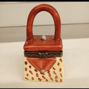 VTG Purse 8" Tall Small Trinket Box Hinged Porcelain Ceramic Orange Bronze/White